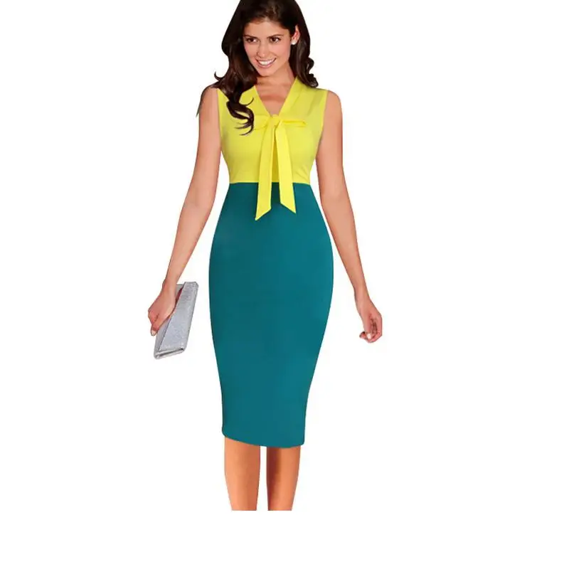 

Nice Plus Size Lady Elegant V-Neck Sleeve Bowknot Belt Special Occasions Jacket Print Stretch Work Pencil Dress Vestidos G27