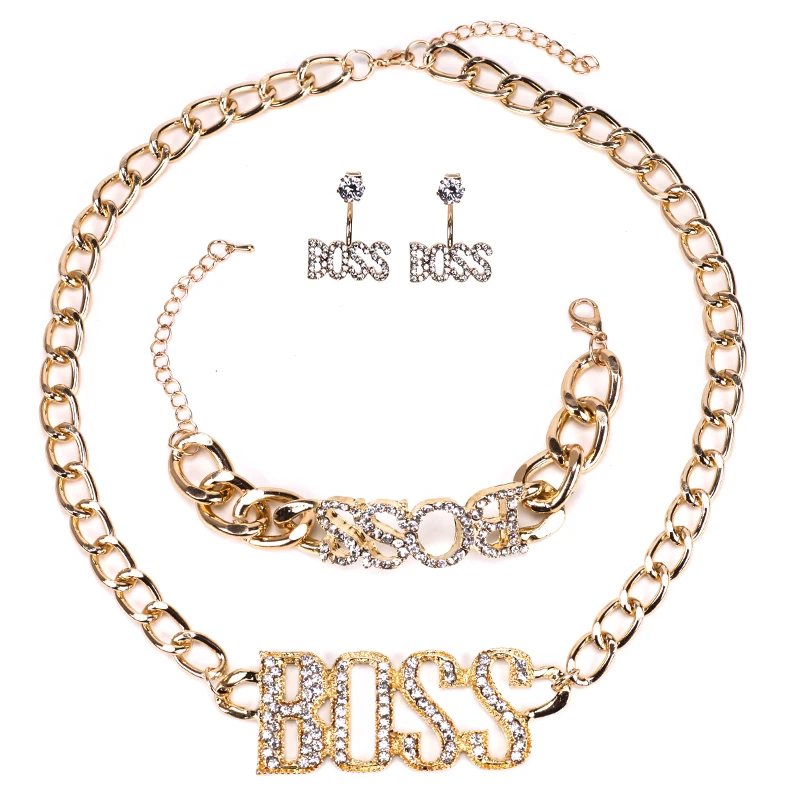 

2019 BOSS Letter Pendant Chain Necklace Set Earrings Bracelet Crystal Choker 3 Pcs Jewelry Sets Gift For Women Sieraden Colliers