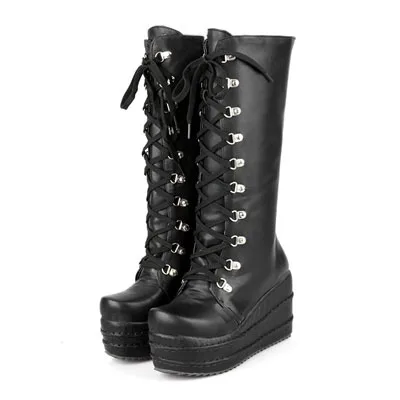 ENMAYER/новая обувь в байкерском стиле обувь в готическом стиле в стиле панк сапоги для костюмированной вечеринки пикантные зимние сапоги до колена на высоком каблуке и платформе, на молнии, на танкетке - Цвет: Черный