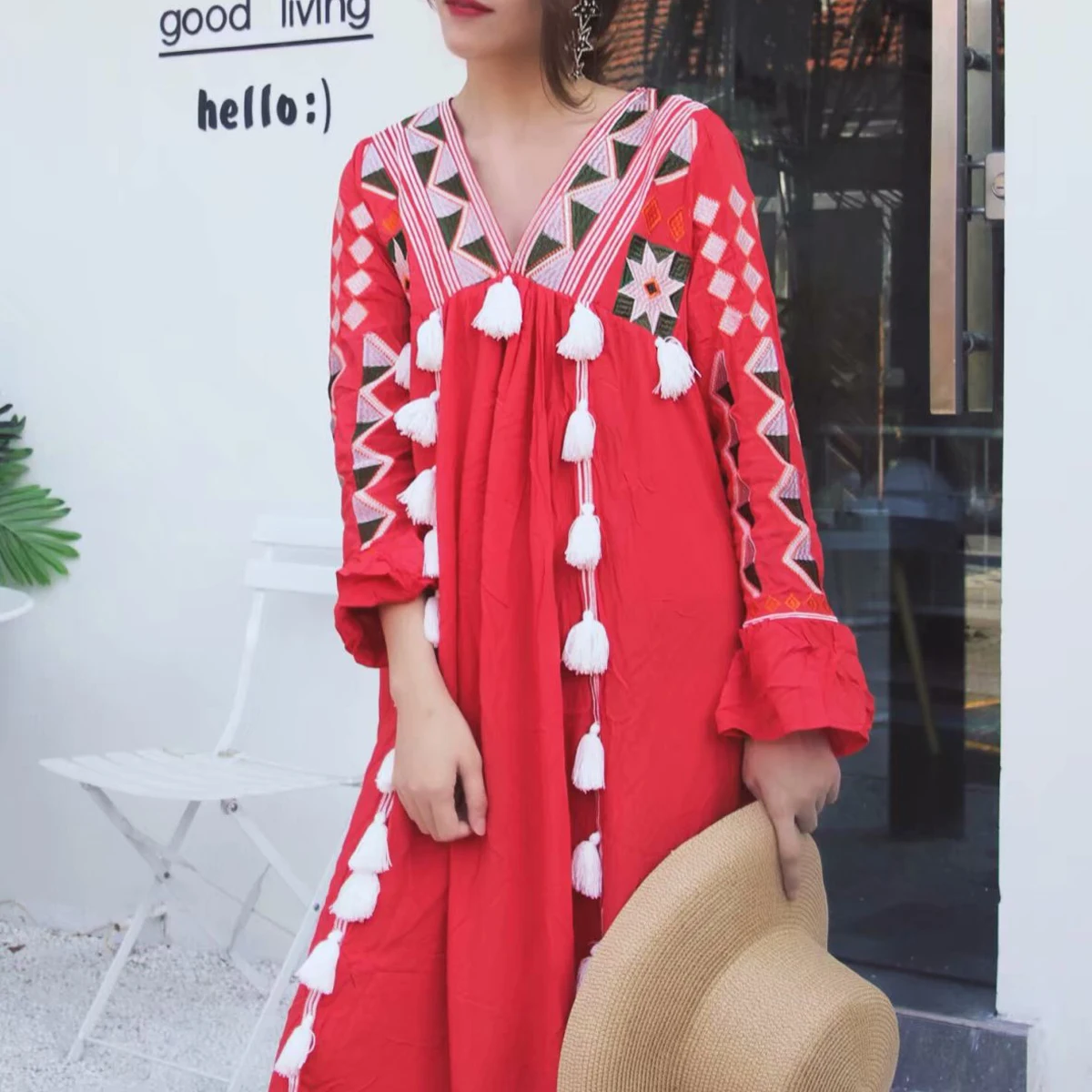 Jastie V-Neck Long Sleeve Autumn Dress Boho Embroidery PomPom Tassels Vintage Dresses Women Loose Ukraine Dress Female Vestidos