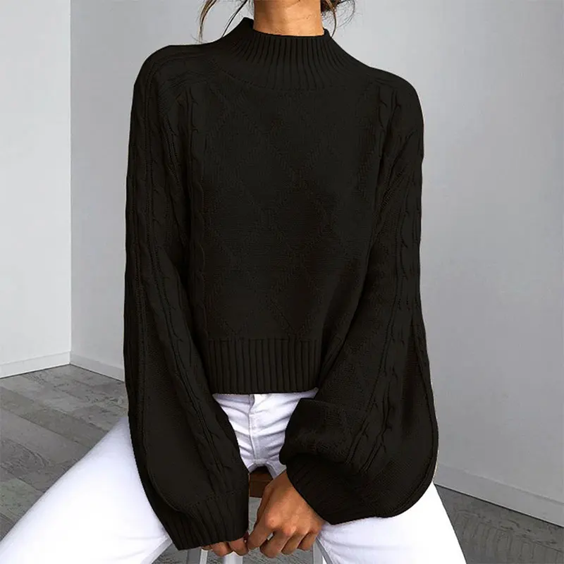 NLW Turtleneck Black Sweater Women Winter Oversized Knitted Sweater Jumper Fall Casual Lantern Sleeve Vintage Sueter Mujer