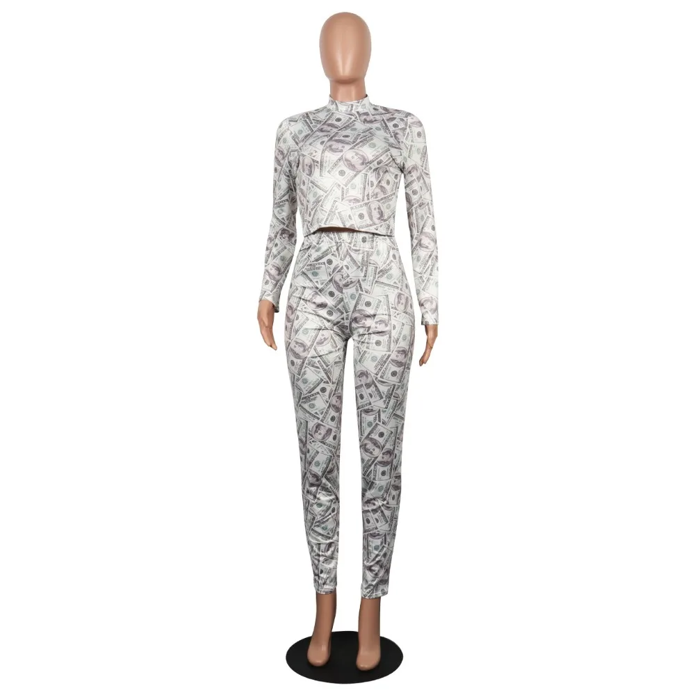 2 Pieces Set Outono Women Dollar Bill Printing Slim Bodycon Crop Top Pants Set Women Sportwear Two Pieces Tracksuit Autumn 2018 