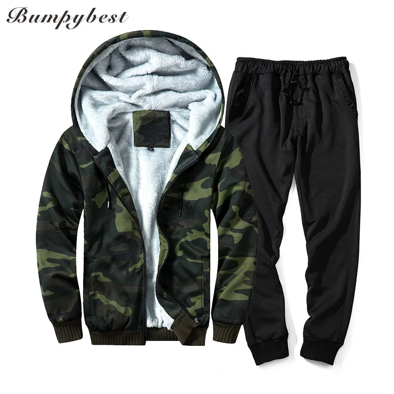 Bumpybeast Для мужчин спортивной зима Camouflag толстые толстовки Топы + брюки наборы Повседневное Бархат Теплый мужской Костюмы Размер США 2XL TZ35