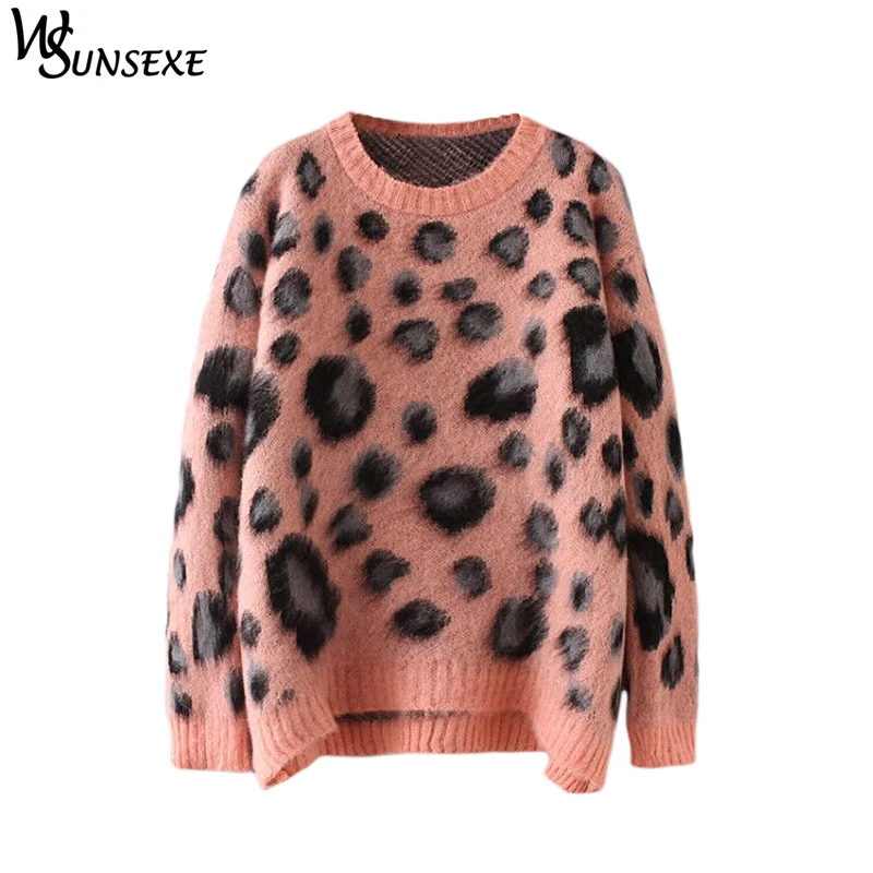 Leopard O Neck Pullovers Knitted Sweater Women Casual Pink Long Sleeve ...