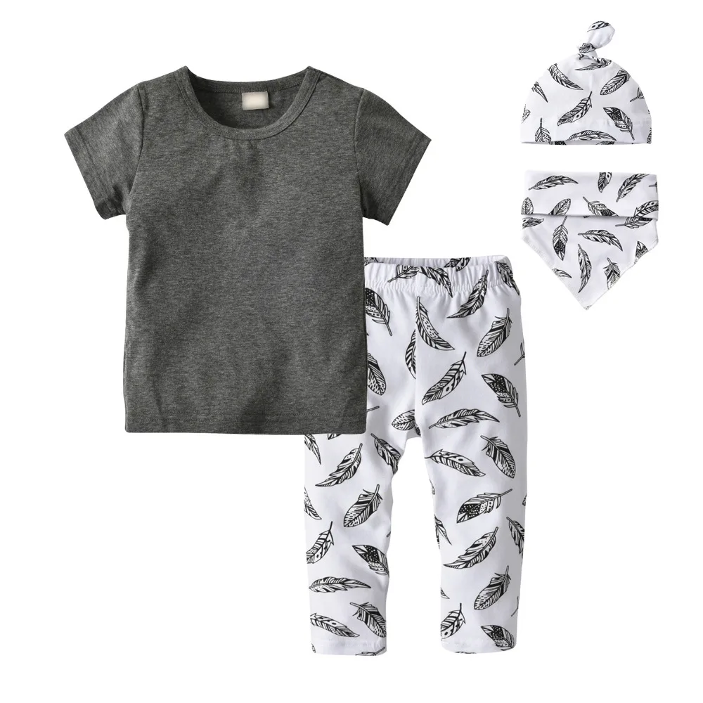 Комплект из 4 предметов, летняя одежда для новорожденных мальчиков футболка с короткими рукавами+ штаны+ шапочка+ нагрудник малыша, одежда для маленьких девочек, комплект одежды