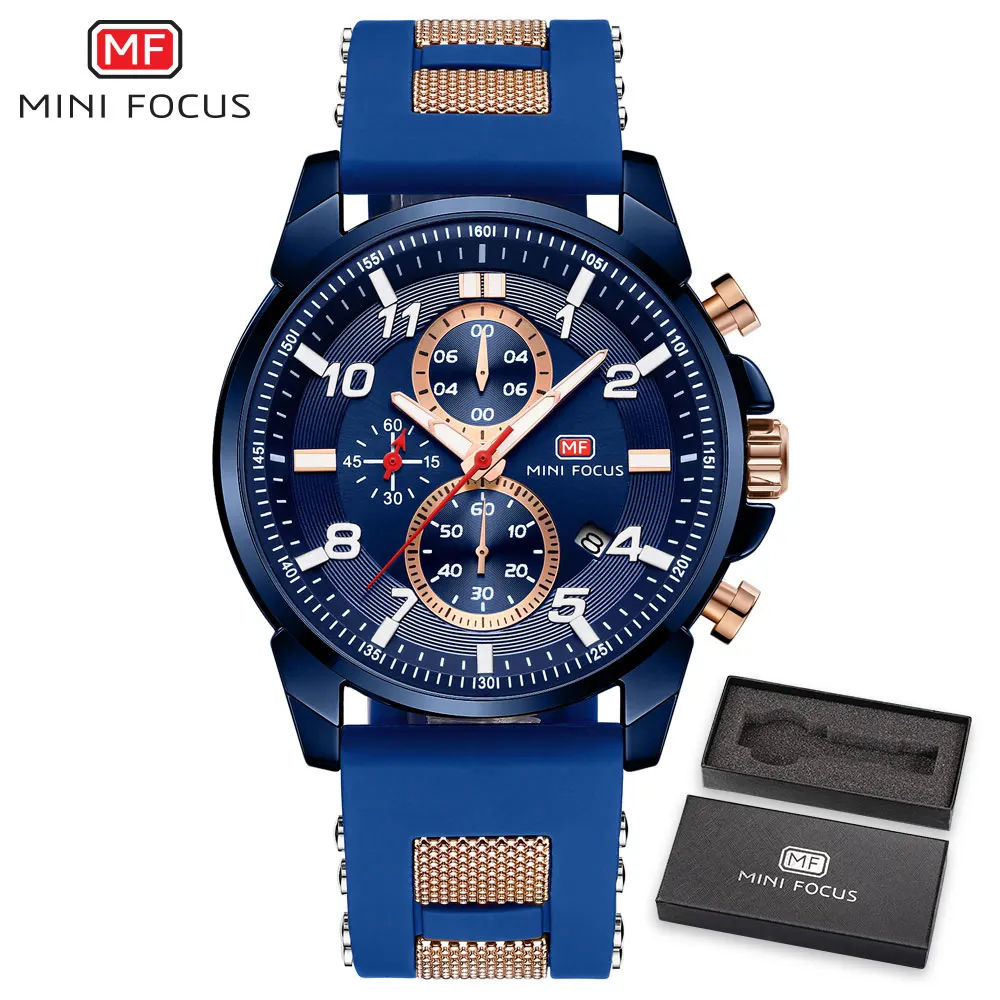 blue watch MINIFOCUS модные роскошные Брендовые спортивные часы мужские наручные кварцевые наручные часы мужские водонепроницаемые Relogio Masculino силиконовый ремешок - Цвет: blue watch