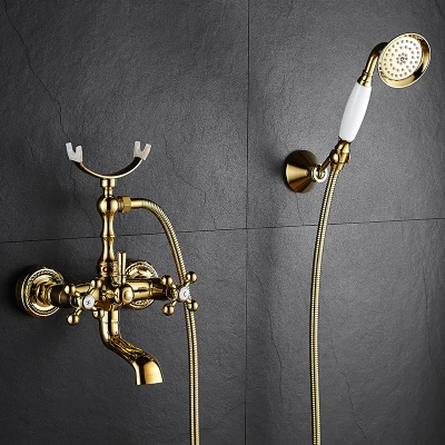 

Antique bathroom shower set faucet gold wall-mounted bathtub faucet solid copper blue and white porcelain faucet