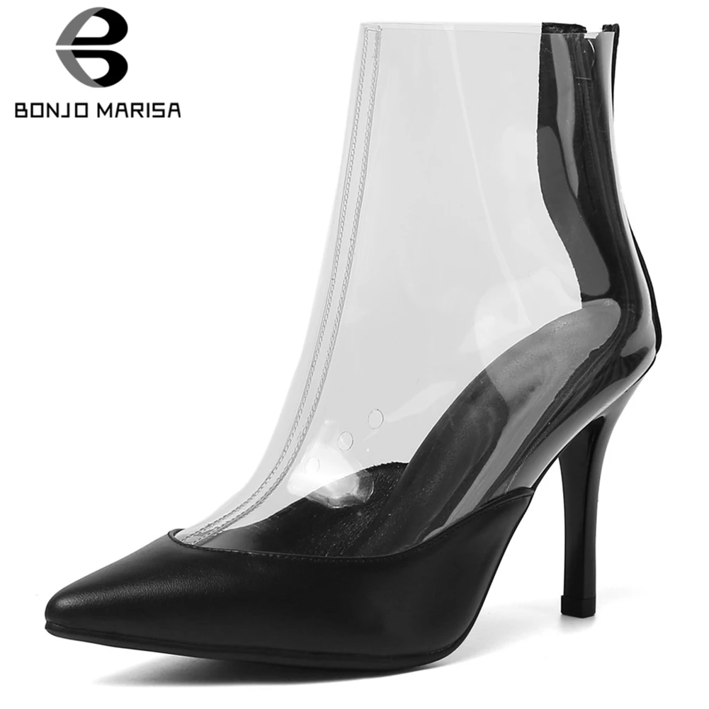 

BONJOMARISA Fashion Transparent Genuine Cow Leather Ankle Boots Woman Thin High Heels Pionted Toe Ankle Boots Woman Size 34-42