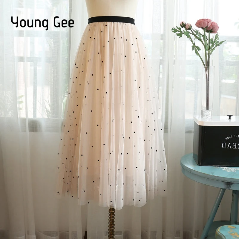 

Young Gee Mesh Polka Dot Mid-Calf Length Lace Skirt Women Elastic High Waist Summer Vintage Ball Gown Fairy Skirts faldas saias