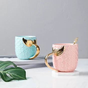 

Creative Coffee Cup Pearl Glaze Gold Mermaid Tail Cup Girl Heart Gifts