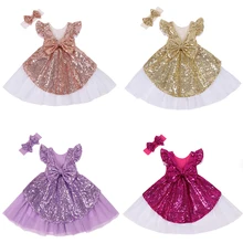 Платье с блестками для девочек; сарафан-пачка для маленьких детей; милое летнее платье подружки невесты из фатина; цвет золотой, белый; праздничная одежда с повязкой на голову