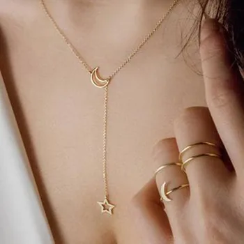 

Moon & Star Pendant Necklace Hot Sale Gold Color Long Chain Necklace For Women Simple Design Fashion Jewelry