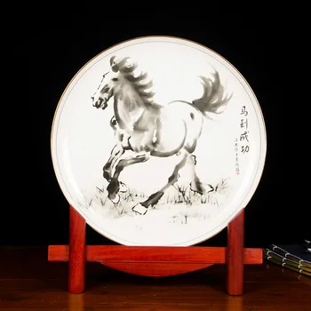 40cm Chinese Large Bone China Porcelain achieve immediate victory Ceramic Decoration Plate Wood Base Set Birthday Gift 1