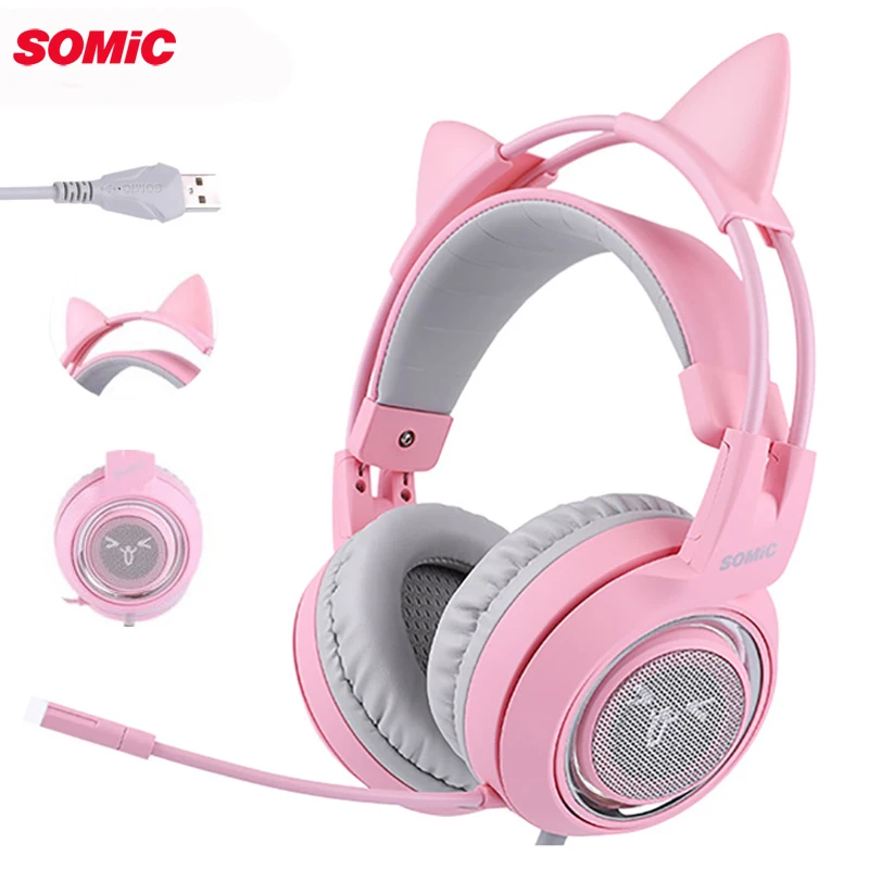 Игровая Гарнитура SOMiC G951pink с объемным звучанием стереогарнитура кошачьими
