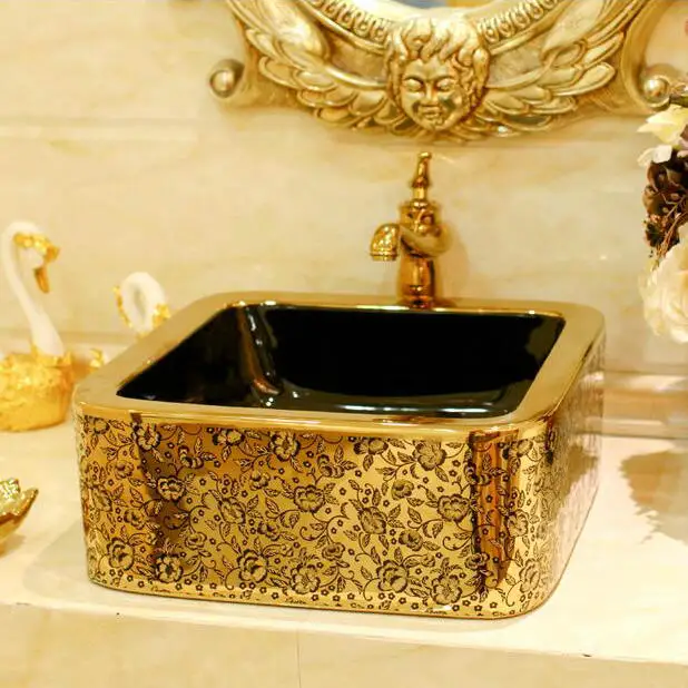 Maebow Gold Coating With Flower Decor Porcelain Wash Basin Ceramic Maebow Gold Coating With Flower Decor Porcelain Wash Basin Ceramic Countertop Bathroom Sink In Sinks From Home Improvement On Aliexpress