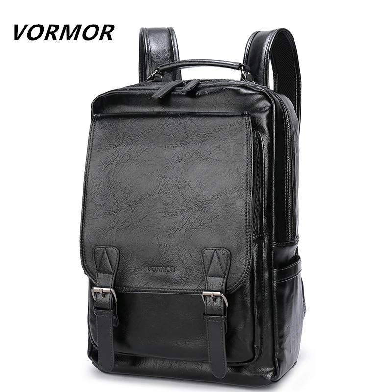 

VORMOR Famous Brand Fashion Preppy Style Men School Backpack For Teenage Solid Black Leather Backpack Travel Backpack Bag