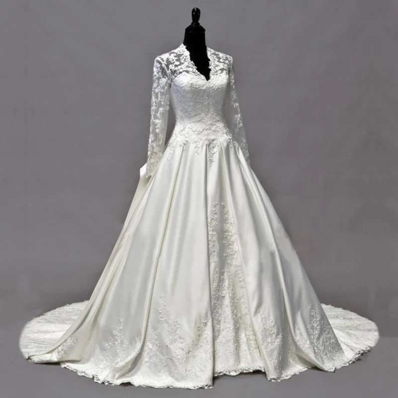 

KSD044 The Princess Kate Same Style Long Sleeve V Neck Sexy Transparent Back Lace Bodice Wedding Dresses Bridal Gown