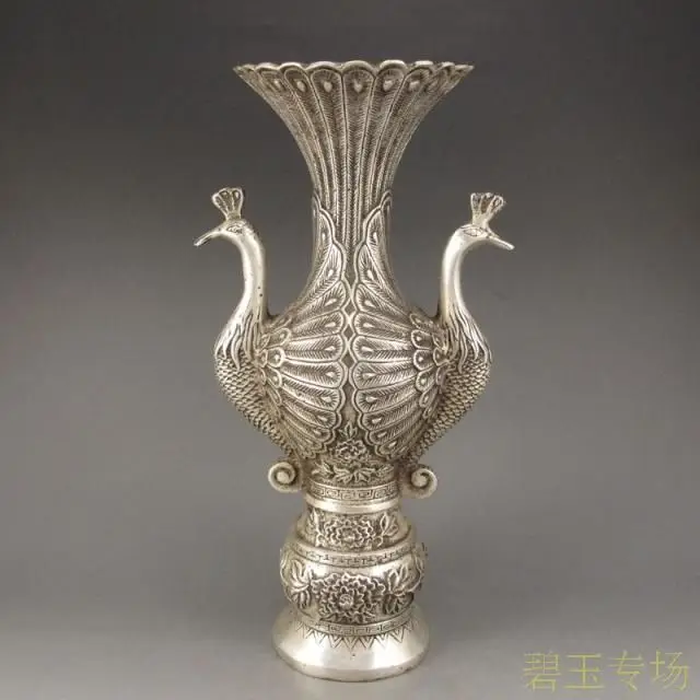 

Chinese Silver Bronze Handwork 2 Peacock Shape Vases w Ming Dynasty XuanDe Mark