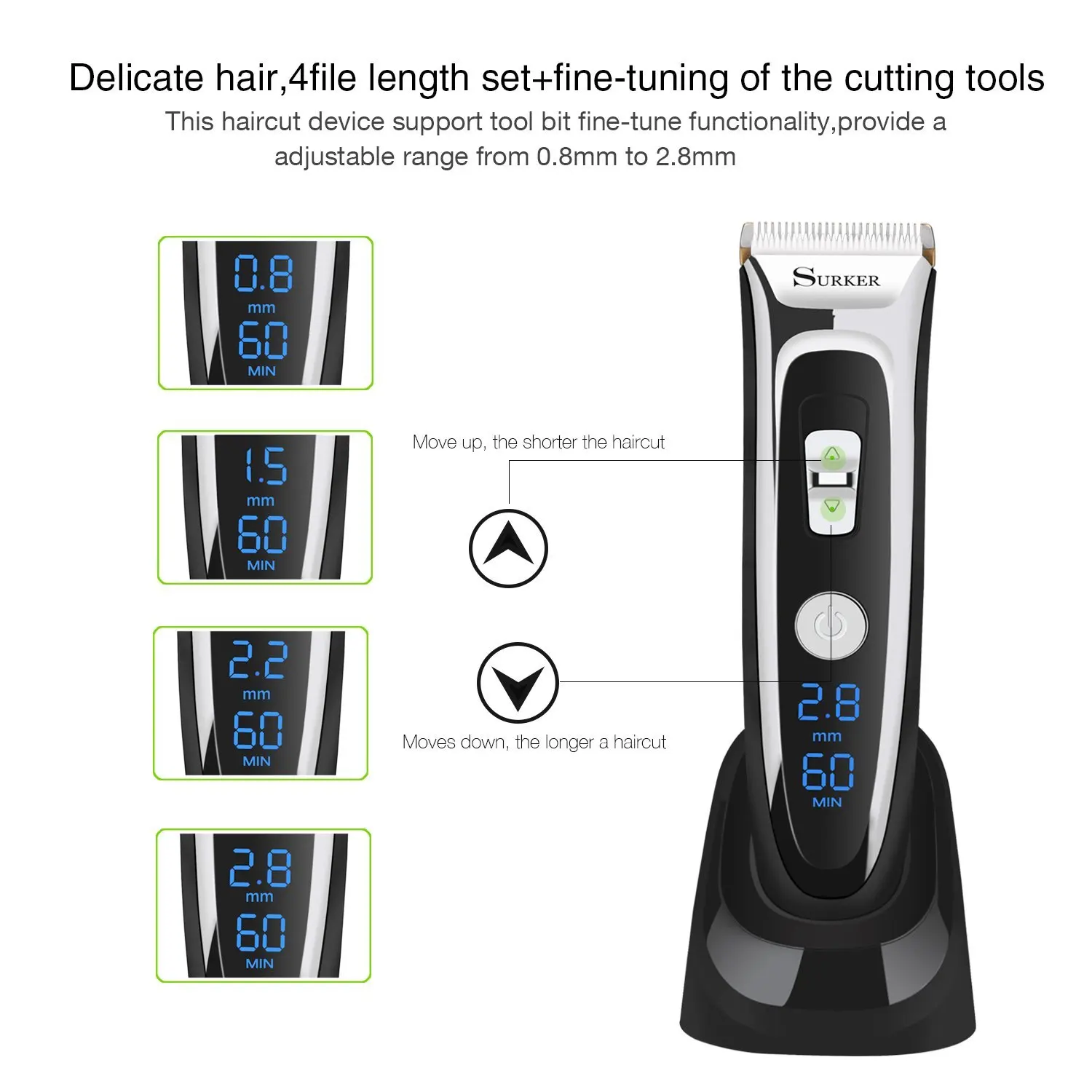 SURKER Rechargeable Hair Clipper Trimmer Beard Shaver Cordless Washable LED Display Ceramic Blade 