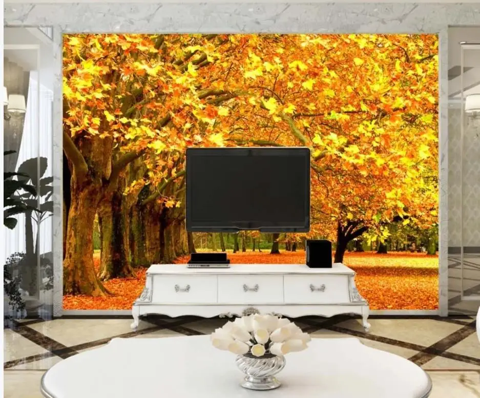Осенний сезон клен Абрикосовое дерево Золотой пол с золотыми упавшими листьями фоновые обои для гостиной