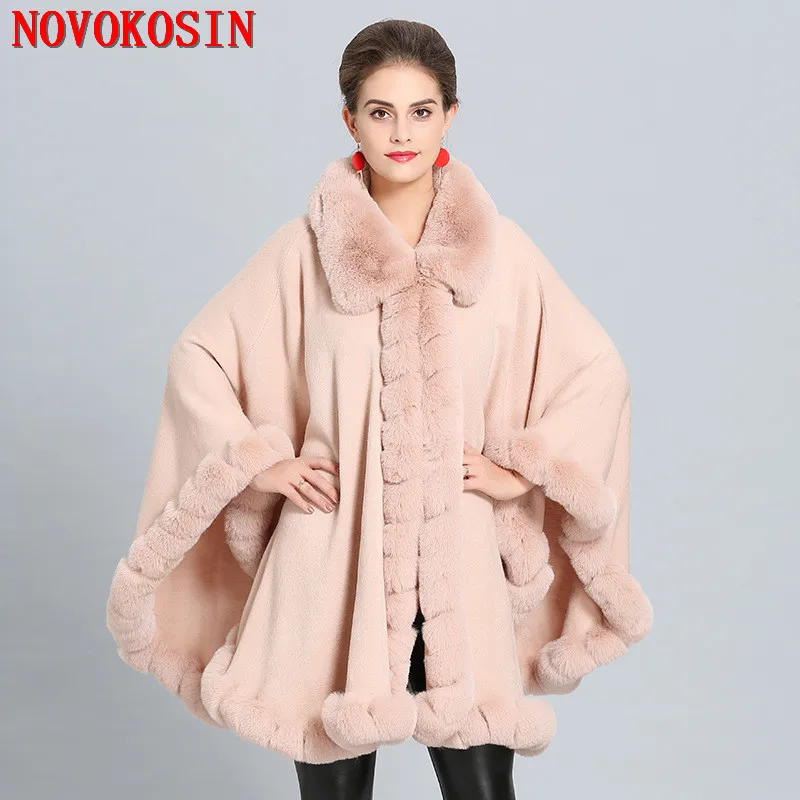 

C271 Winter Faux Cashmere Warm Thick Coat 2018 Plus Size Poncho Women Solid Faux Fur Neck Cape Big Pendulum Dovetail Cardigan