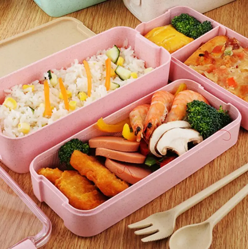 3 слоя Коробки для обедов Еда контейнер для хранения печь Bento комплект Коробки для студентов соломы контейнеры LX6459