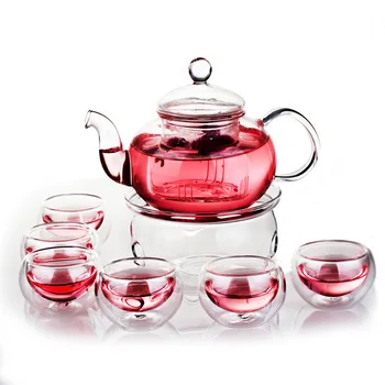 

2018 Hot-sale High Quality 8pcs Heat-resistant Glass Teapot 1pcs 600ml Teapot+ 6pcs Cup+1pcs Heat Warmer Tea Coffee Service Set