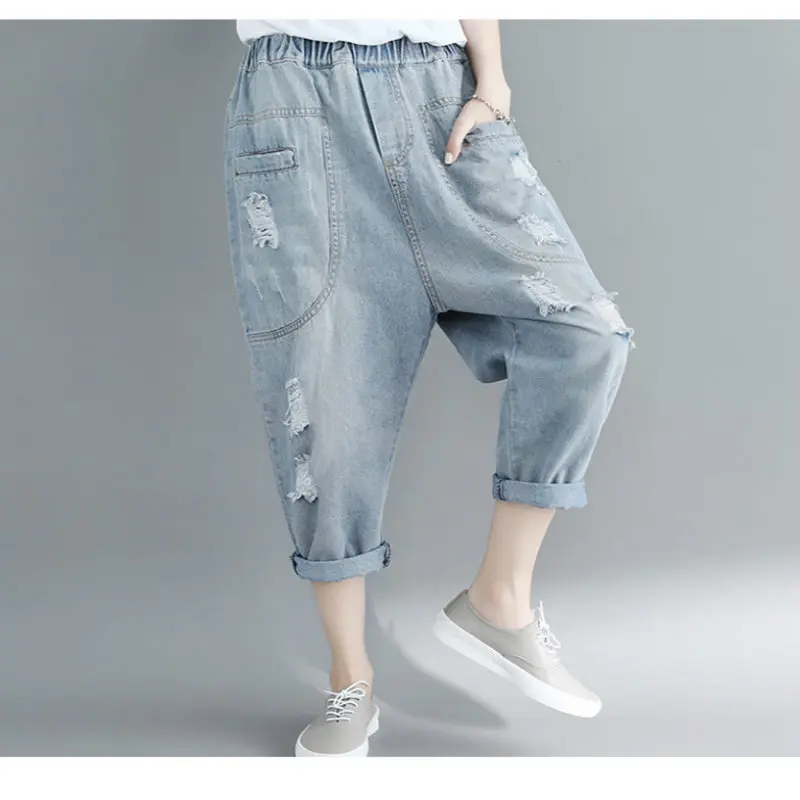 THHONE/рваные джинсы, женские джинсовые штаны свободного размера плюс, эластичные женские джинсовые брюки с высокой талией, повседневные женские джинсы