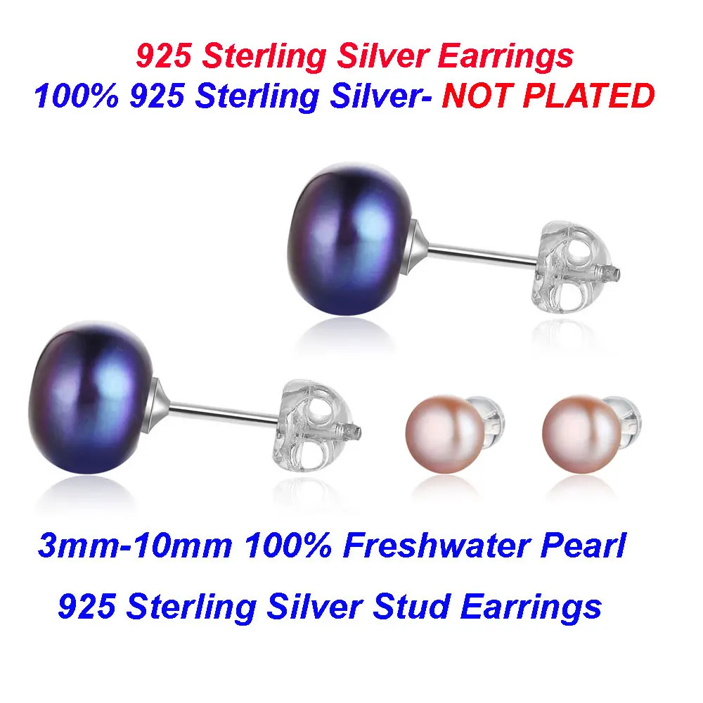 

Real Freshwater Pearl Stud Earrings 100% 925 Sterling Silver Natural Pearl Ear Studs Black Purple Women Pearl Earrings
