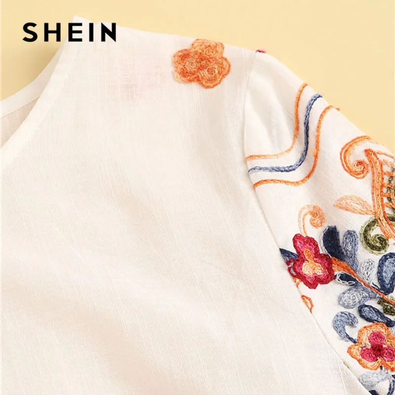 SHEIN белая блузка с цветочной вышивкой, Женские топы и блузки, Boho, хлопковая блуза с круглым вырезом и коротким рукавом,, женские топы