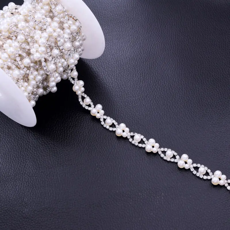 

5Yards Cheap Pearl Thin Rhinestone Chains Decorate Trimming for Bridal Belt Accessories DIY Decorations Silver Base White color