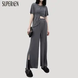 SuperAen/модные женские комплекты, лето 2019, Новые однотонные топы с короткими рукавами, хлопковые широкие брюки, Женский комплект из двух