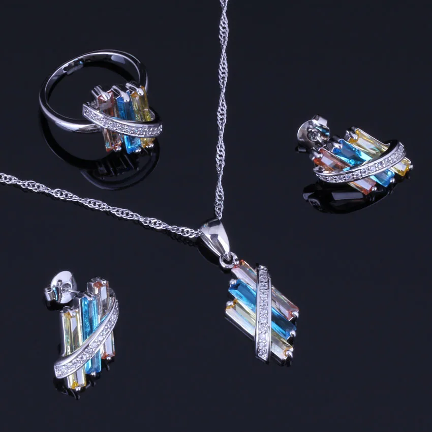 Divine Multigem Multicolor Yellow Cubic Zirconia Silver Plated Jewelry Sets Earrings Pendant Chain Ring V0968 | Украшения и