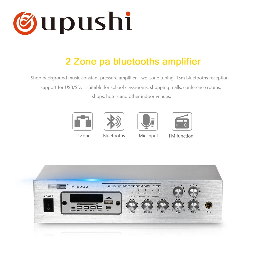 Oupushi pa system 50w home stereo amplifier bluetooth mini aduio amplifier small power amp with USB, SD card, FM
