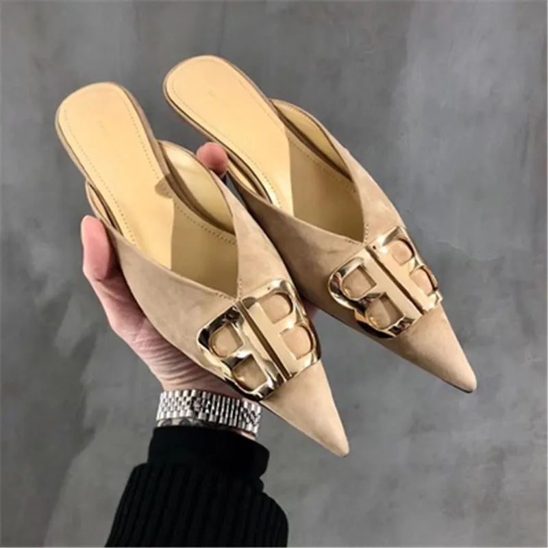 

Letter B Pointed Toe Shoes Women Kitten High Heels Brand Shoes Wedding Pumps Luxury Women's Shoes Slipper Mules