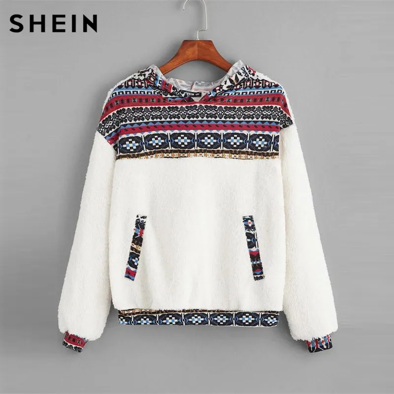 SHEIN الأبيض القبلية طباعة قطرة الكتف تيدي هوديي طالب جولة الرقبة فو الفراء البلوز الخريف عارضة النساء بلوزات