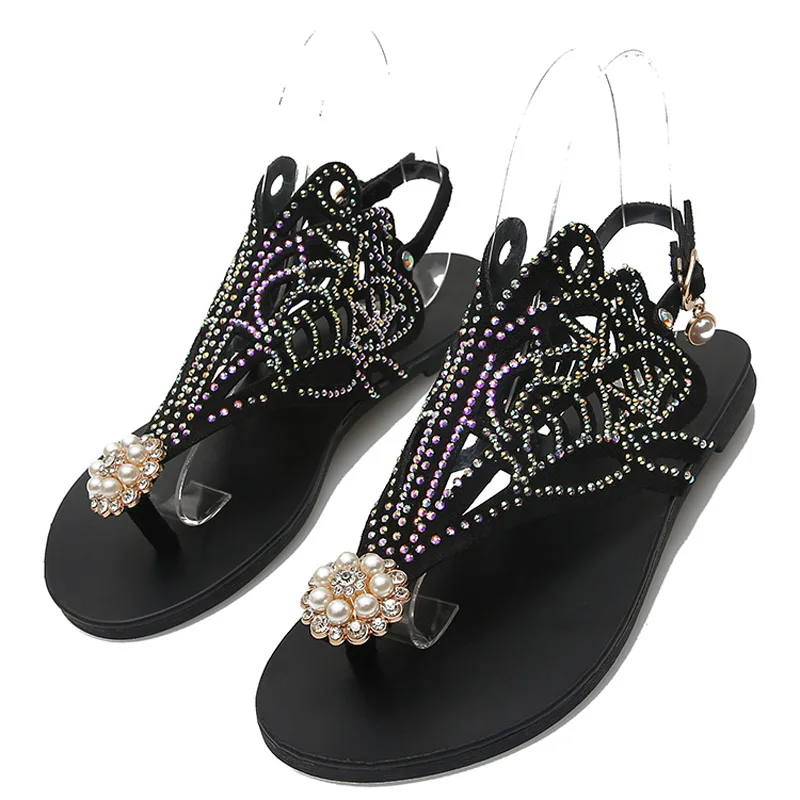 

Tangnest Women Flower Flat Sandals 2019 New Gladiator Slip On Rhinestone Flip Flops Buckle Strap Ladies Party Flat Shoes XWZ5855