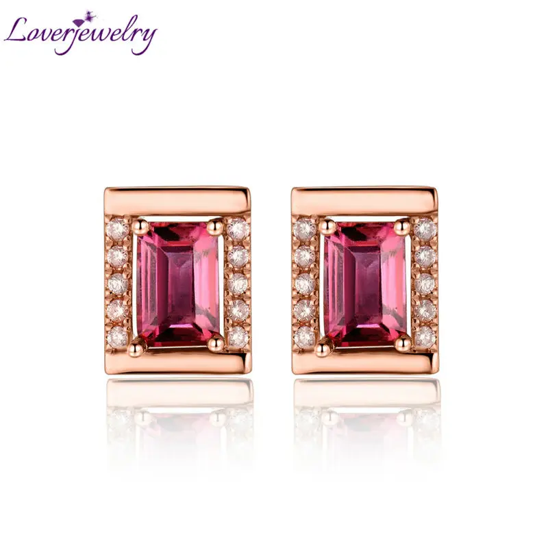 

Pretty Emerald Cut 4x6mm Solid 18K Rose Gold Natural Diamond Tourmaline Wedding Earring WE053