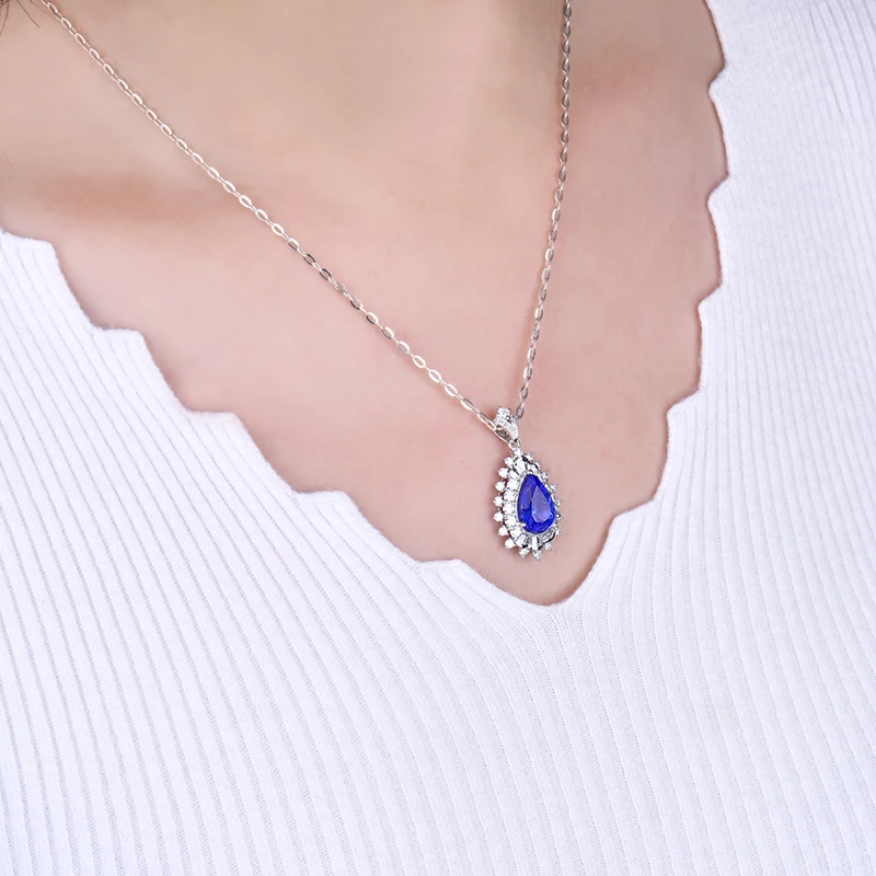 LOVERJEWELRY, женский элегантный кулон, твердый, 18 К, белое золото, голубой танзанит, Свадебный кулон, самоцвет в форме груши, настоящий бриллиант