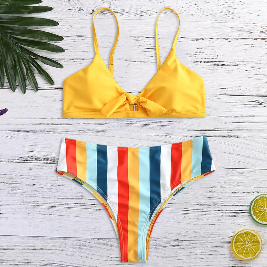 

Bikini 2019 Swimwear Women Bandage Bow Tie Swimsuit Rainbow Stripe Bathing Suit Sexy Bikinis Set Push Up Swim Wear Swim Suit