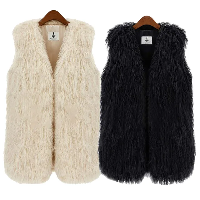 Women Sleeveless Jacket Long Hair Fluffy Waistcoat Chic Trim Faux Fur