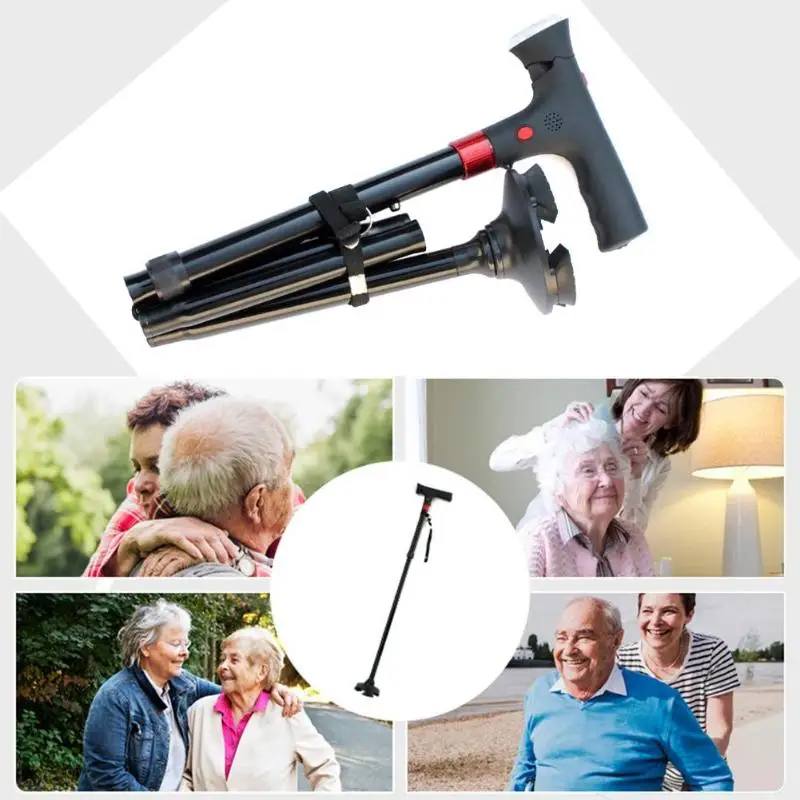 Walking Stick LED Light Old Man Folding Trekking Poles T-handle Man Hiking Poles Cane for Elders Outdoor Travel Walking Canes 