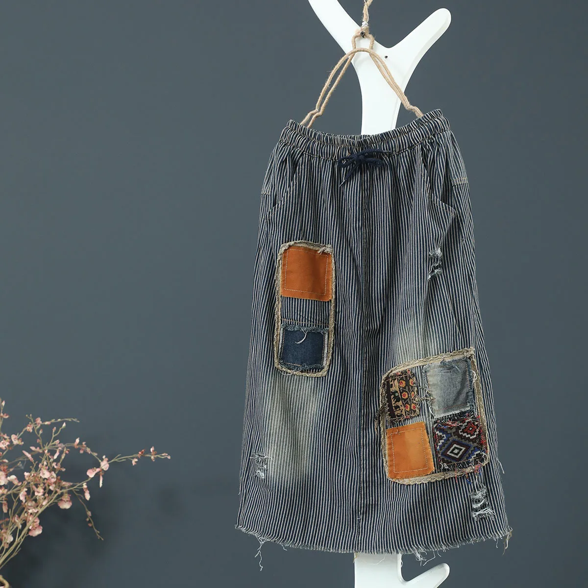 Striped Denim Skirts Women Spring Autumn Appliques Ripped Vintage Drawstring Elastic Waist A-Line Ankle-Length Female | Женская одежда