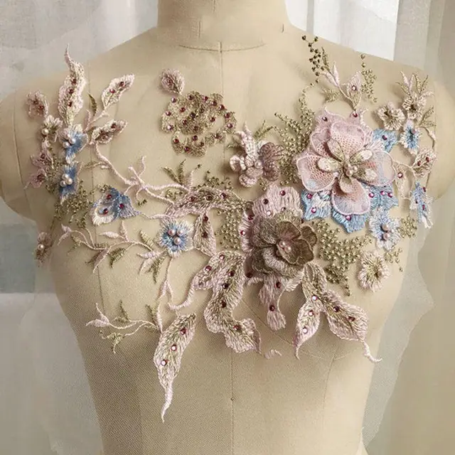 Long Applique Sequins Beaded 3D Flower Diy Patch Lace Applique for Wedding Dress Long Applique Sequins Beaded 3D Flower Diy Patch Lace Applique for Wedding Dress