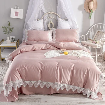 

Pink White Blue Yellow Gray Silky Silk Girl Lace Bedding sets Duvet Cover Bed Sheet Bed Linen Pillowcases Queen King Size 4pcs