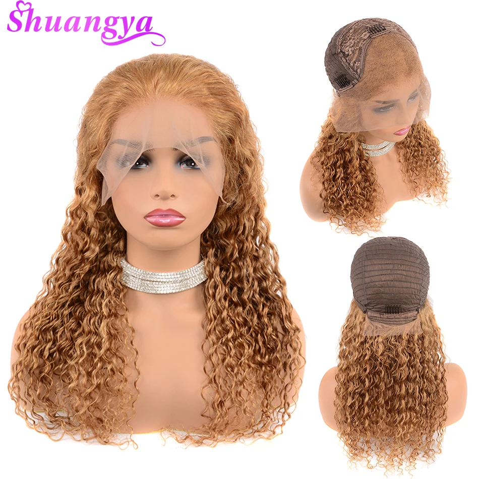 Pelucas delanteras de encaje de pelo humano Rubio de miel para mujeres negras 150% Color de densidad 27 pelucas de cabello humano de onda profunda 13 4X4 Shuangya pelo Remy