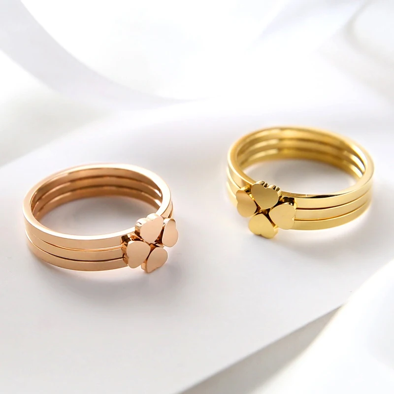 

YUN RUO New Arrival Lucky Clover Three In One Rings Rose Gold Color Woman Gift Party Titanium Steel Jewelry Top Quality Not Fade