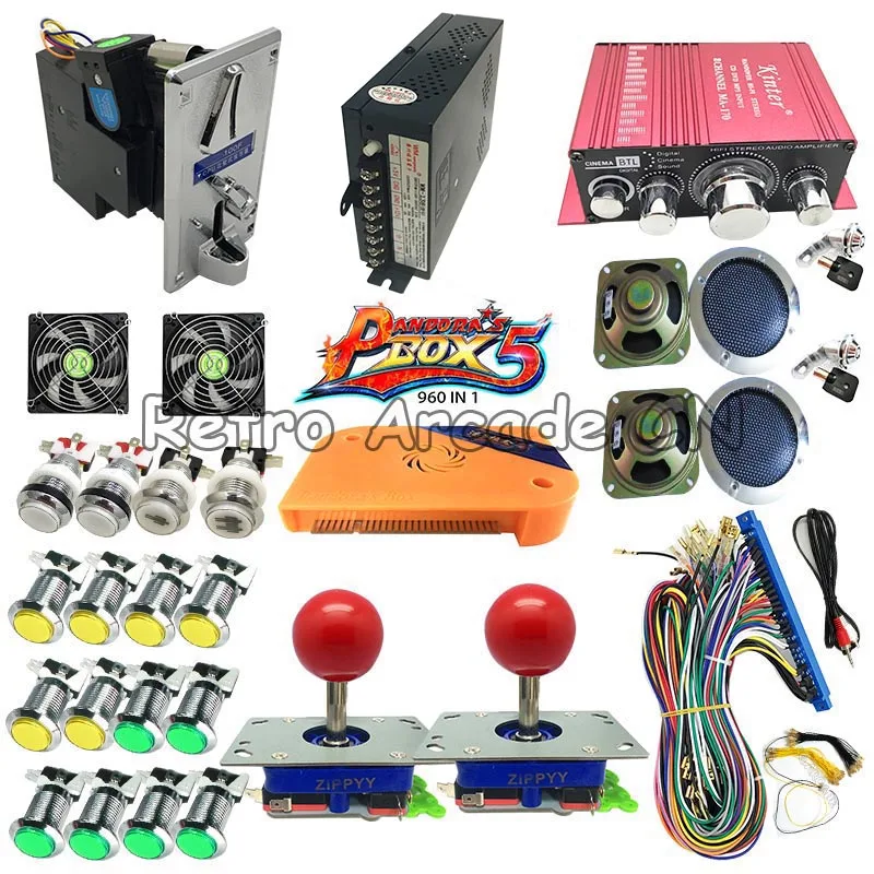 DIY Arcade Original Pandora Box 5 960 in 1 Bundles Kits Parts With Power Supply Jamma Harness Happ Joystick Chrome LED Button