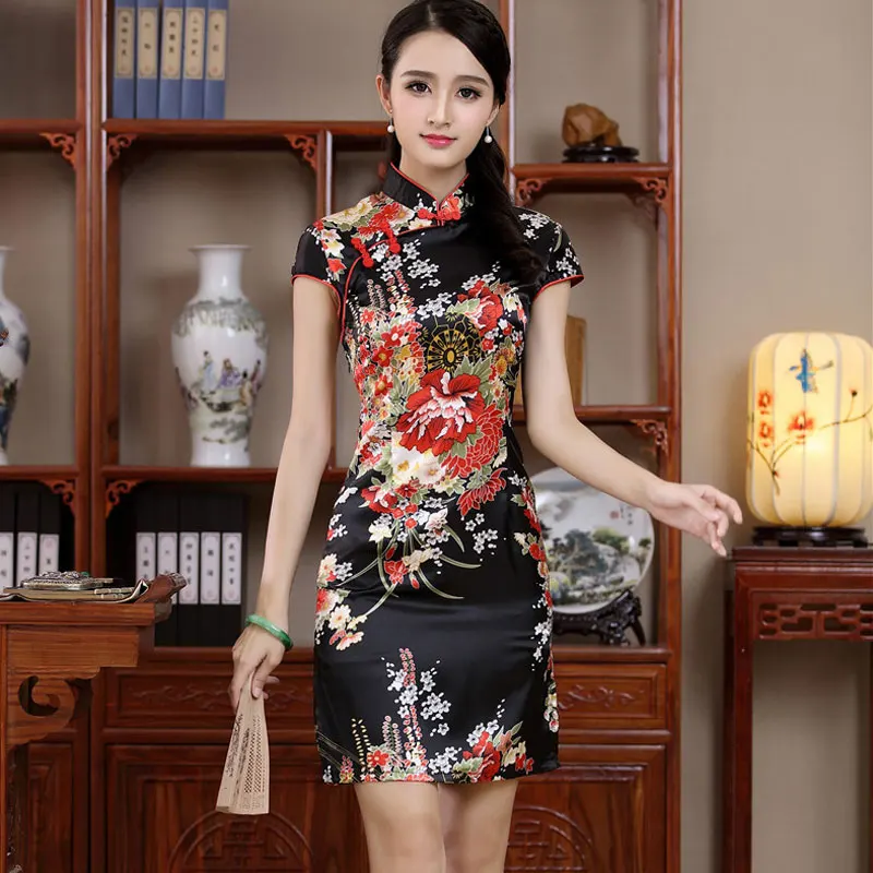 Винтажное женское китайское платье Cheongsam QiPao короткое шелковое с большим