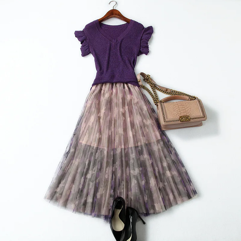 

Summer Skirt Set Woman 2019 New V-Neck Butterfly Short Sleeved Bright Yarn Elastic Knitted Top + Gradient Mesh Midi Skirt Suit